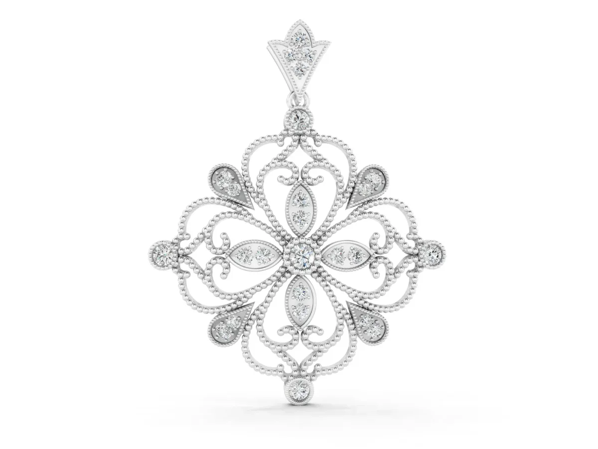 Vintage Floral Diamond Pendant with Round Brilliant Cut and Pavé Setting White gold