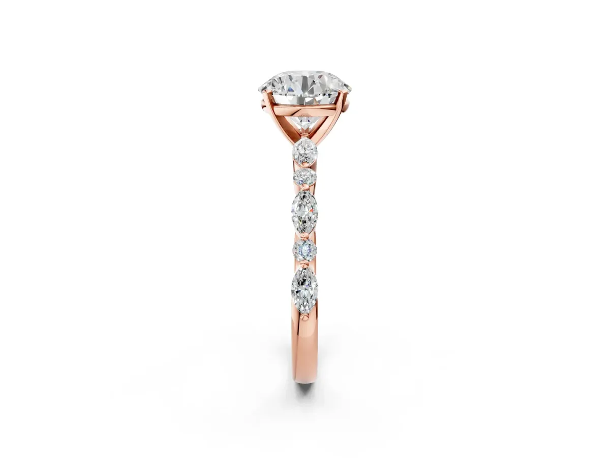 Round Cut Diamond Ring with Marquise and Round Moissanite Side Stones and Four-Prong Setting Rose gold