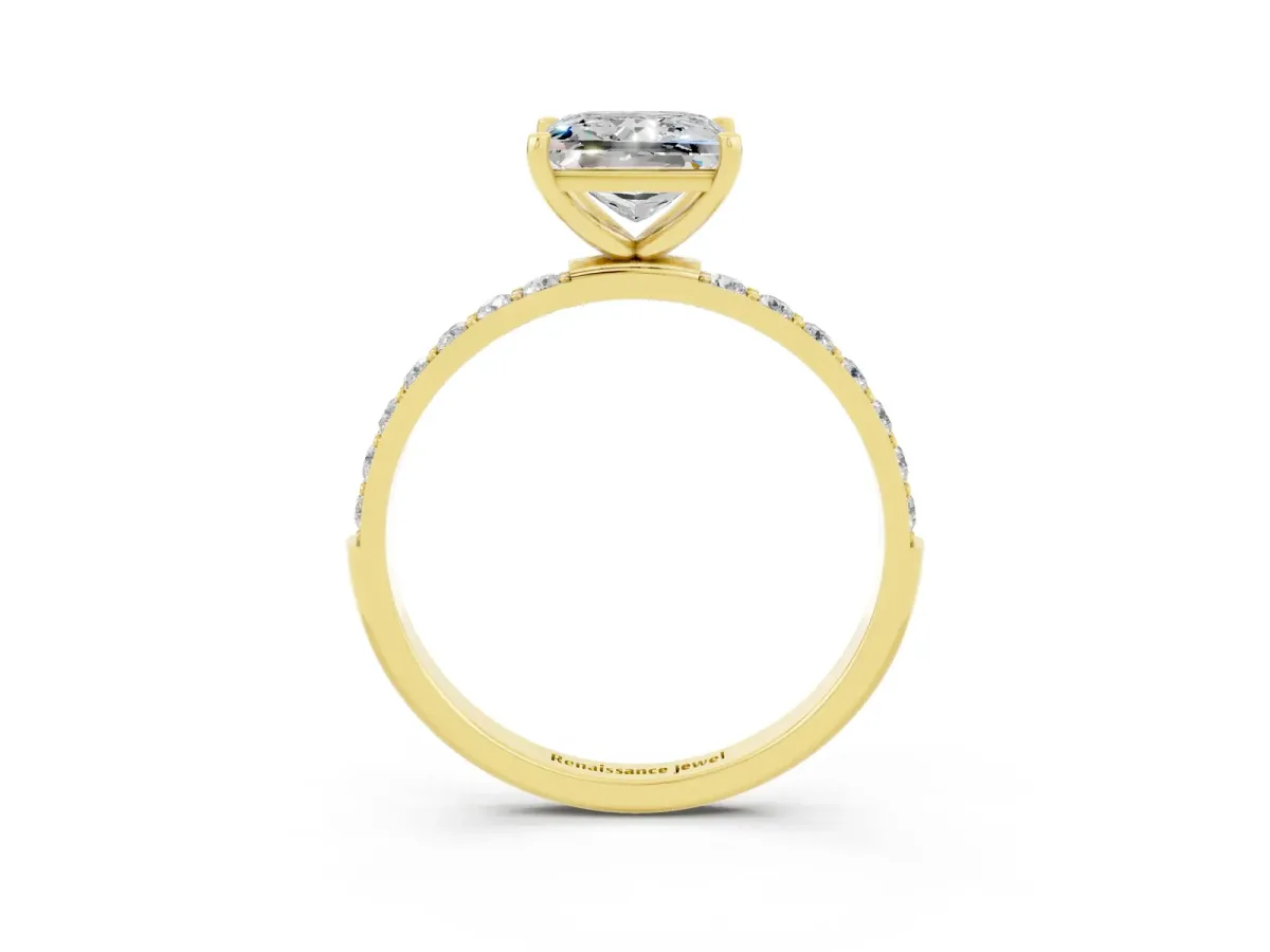Princess Cut Moissanite Solitaire Ring with Round Pavé Band and Prong Setting Yellow gold