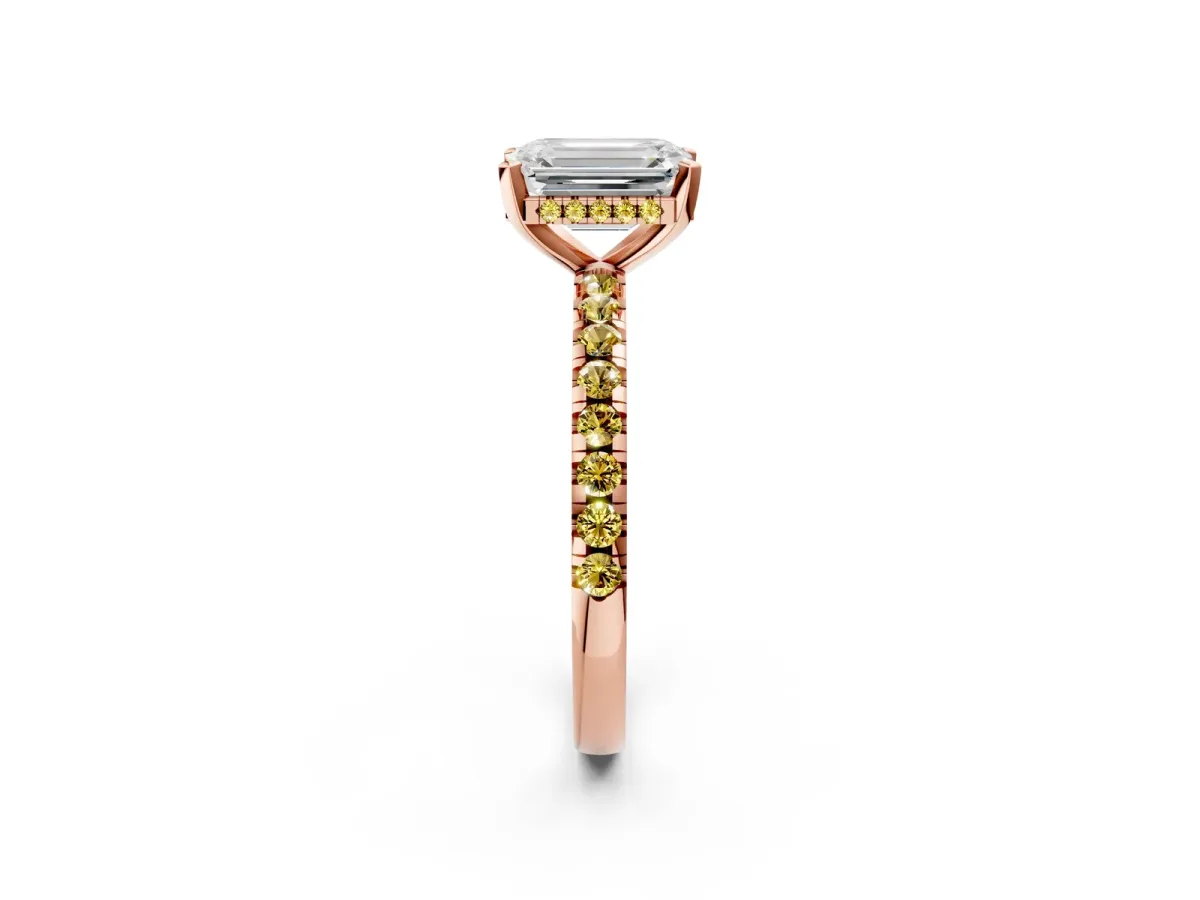 Emerald Cut Diamond Solitaire Ring with Round Yellow Sapphire Pavé Band and Four-Prong Setting Rose gold