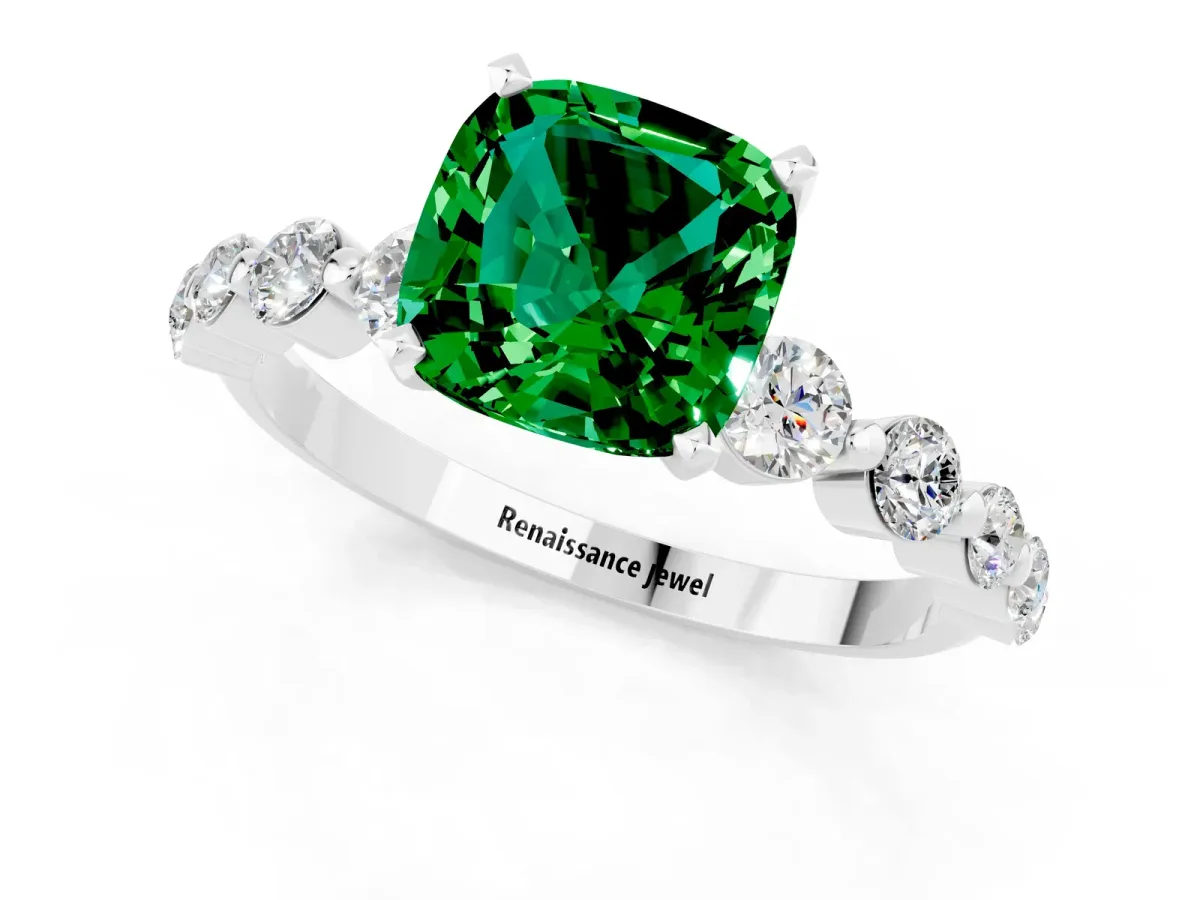 Cushion Cut Solitaire Emerald Ring with Pave Band and Four-Prong Setting Silver
