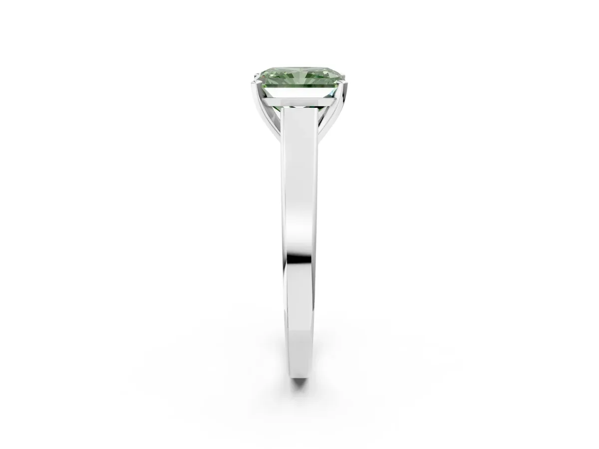 Fancy Green Radiant Cut Solitaire Engagement Ring with Four-Prong Setting and Tapered Band Platinum