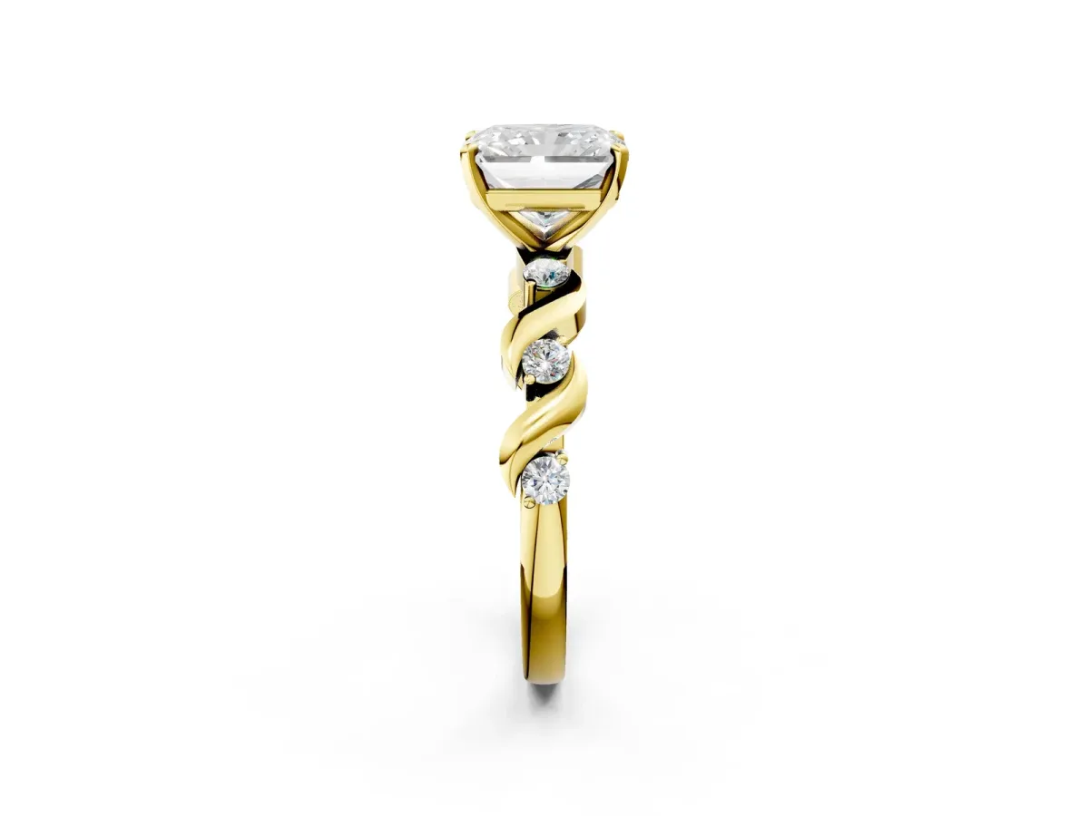 Radiant Cut Diamond Solitaire Twisted Band with Round Accents and Prong Setting Yellow gold