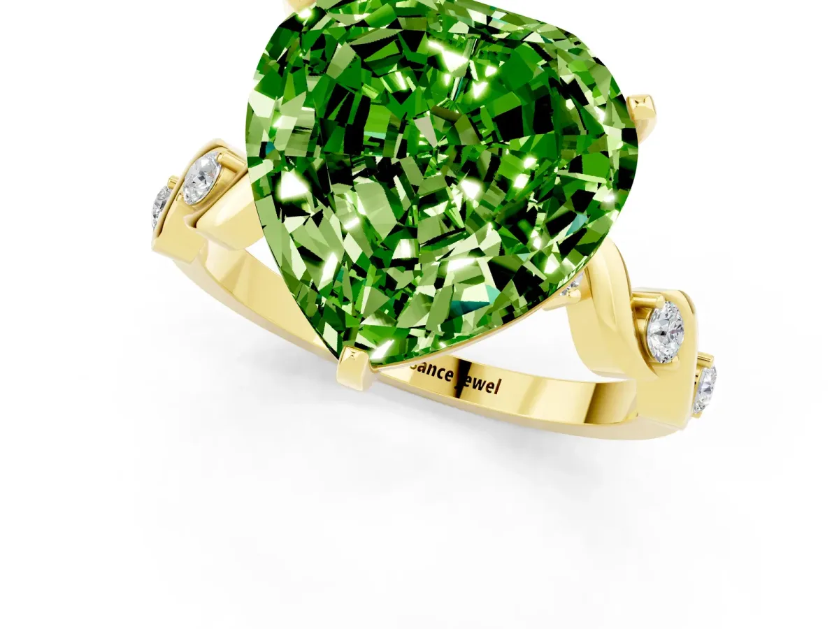 Heart Cut Peridot Solitaire Twisted Band with Round Accents and Prong Setting Yellow gold