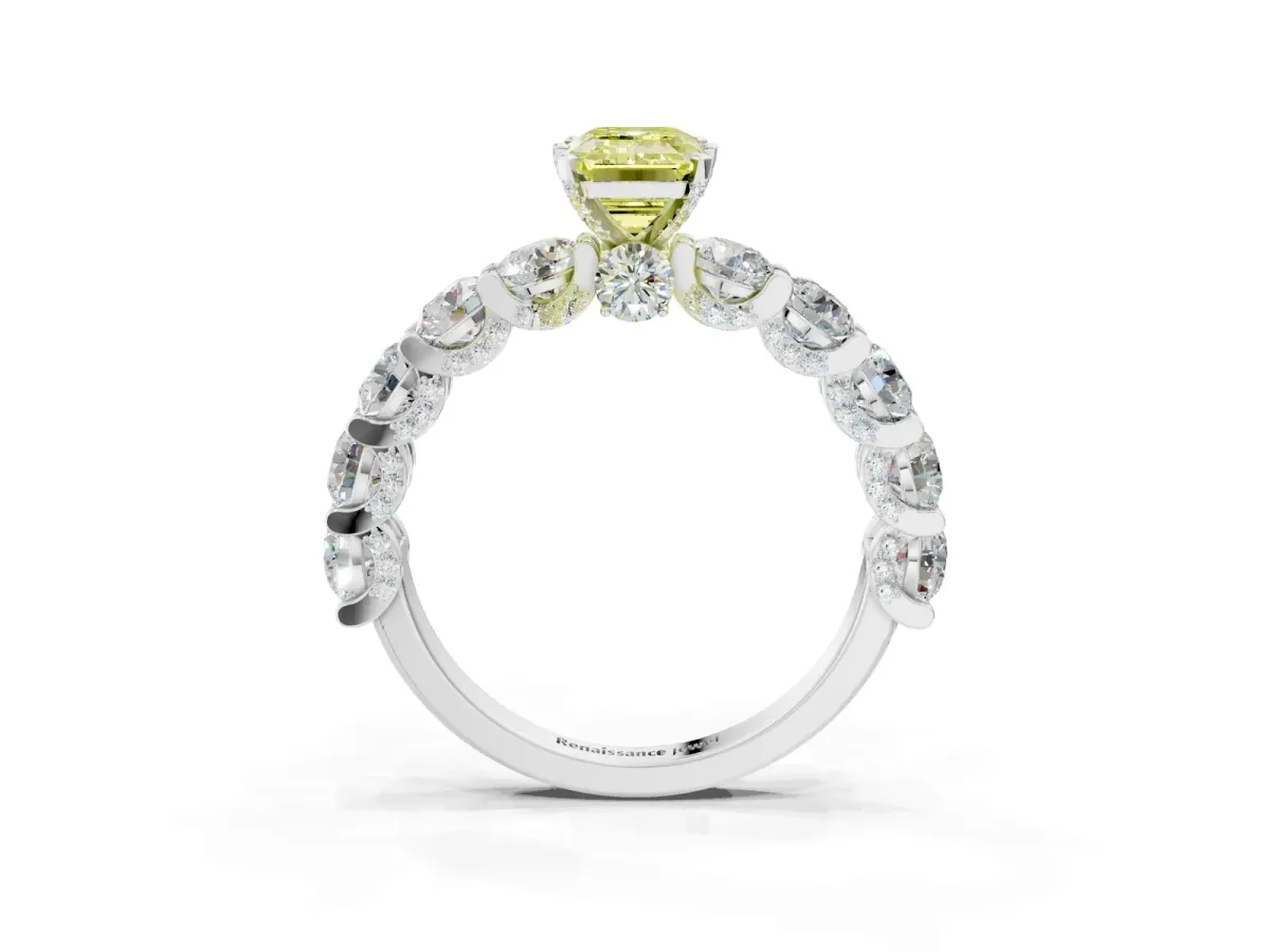 Fancy Yellow Emerald Cut Diamond Side Stone Engagement Ring with Four-Prong Setting Silver