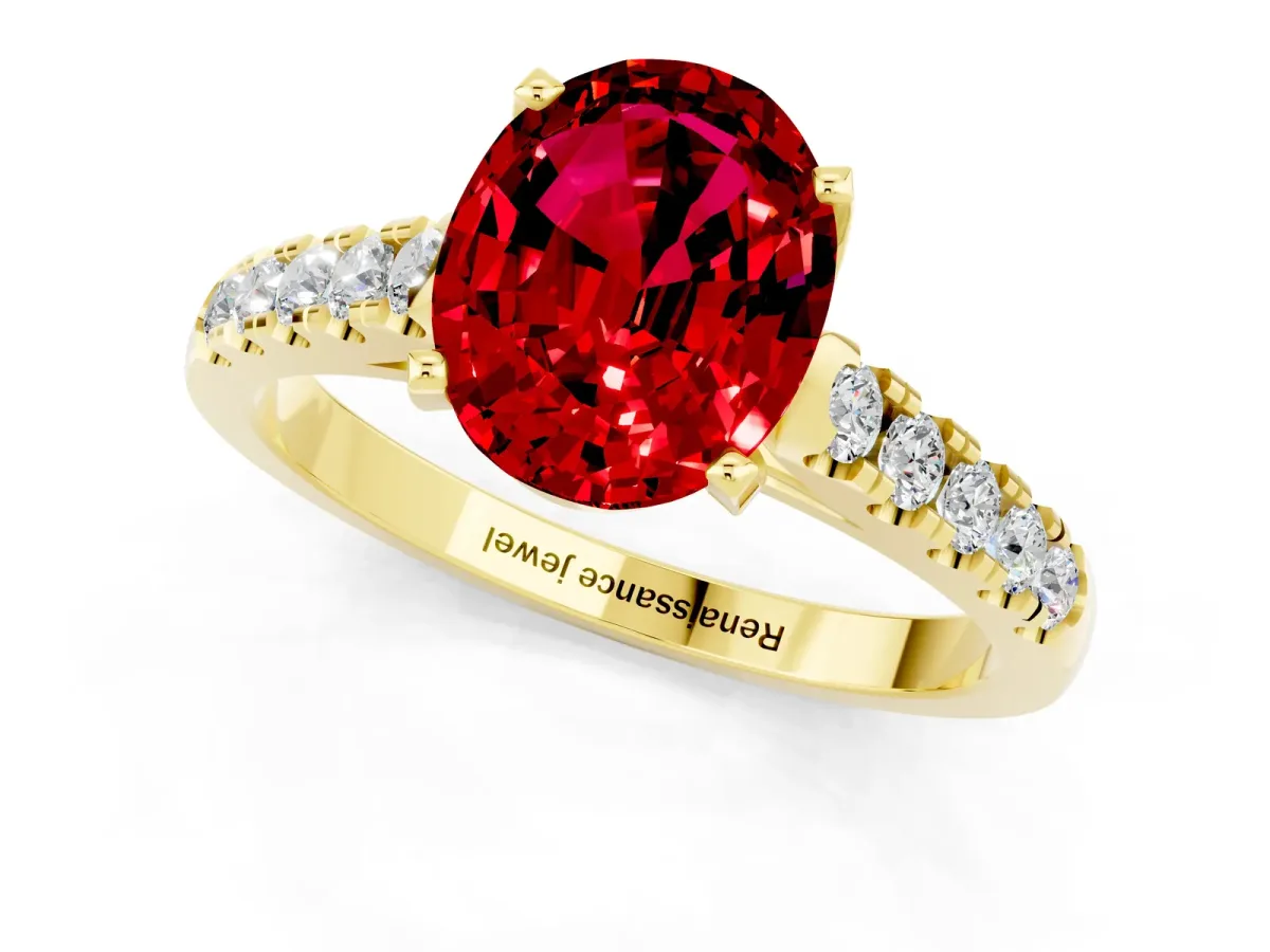 Oval Cut Ruby Pavé Band Solitaire Ring with Prong Setting Yellow gold
