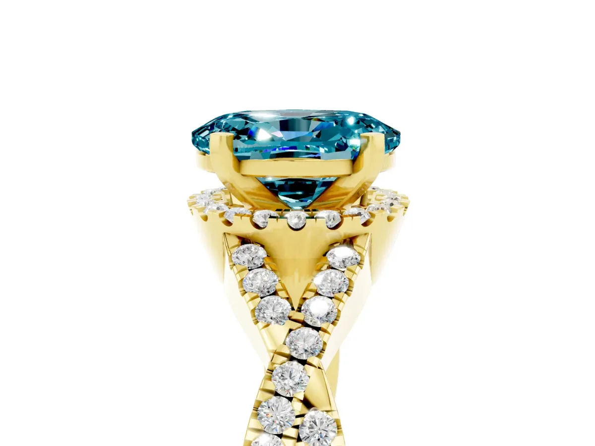 Oval Cut Blue Topaz Halo Twist Band Solitaire Prong Setting Ring Yellow gold
