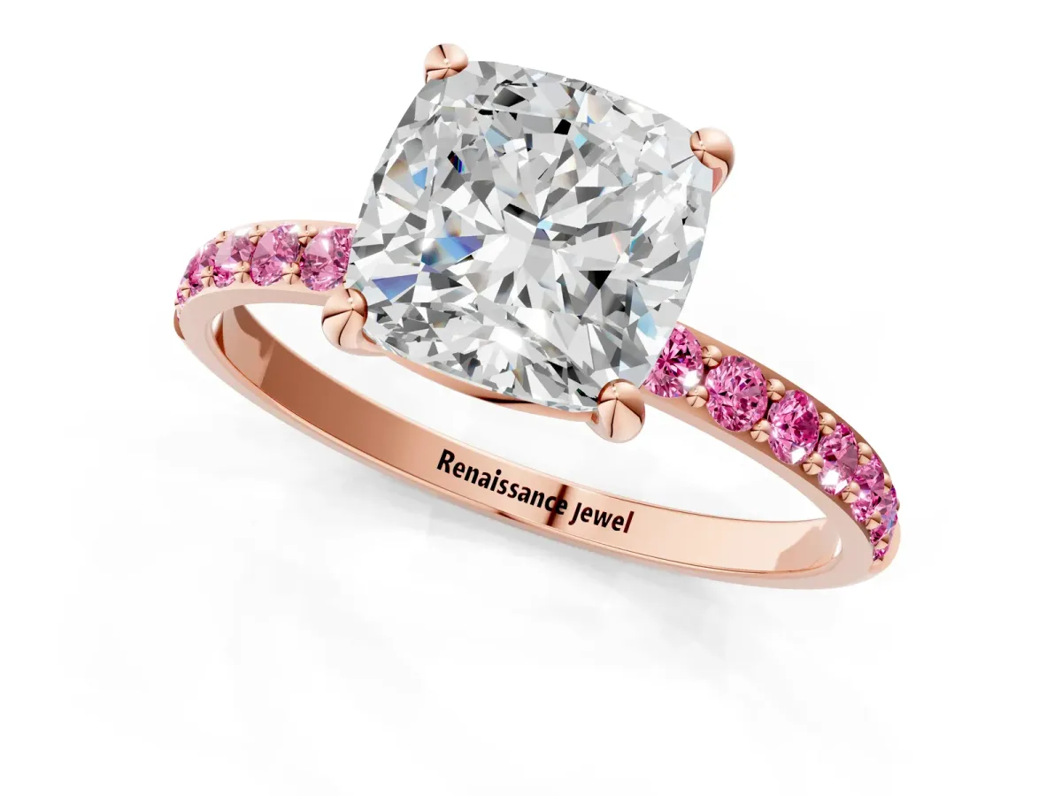 Cushion Cut Diamond Solitaire Ring with Round Pink Sapphire Pavé Band and Prong Setting Rose gold