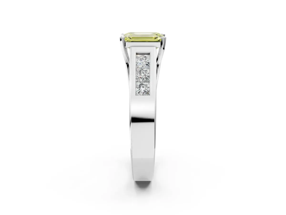 Fancy Yellow Emerald Cut Cut Channel Set Solitaire Ring with Four-Prong Setting White gold