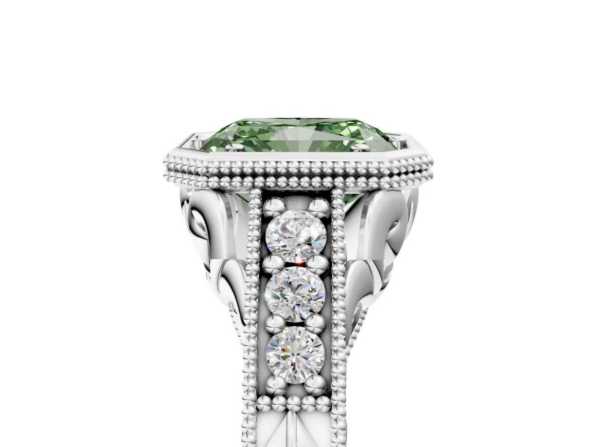 Fancy Green Bezel Set Radiant Cut Diamond Milgrain Pave Engagement Ring Platinum