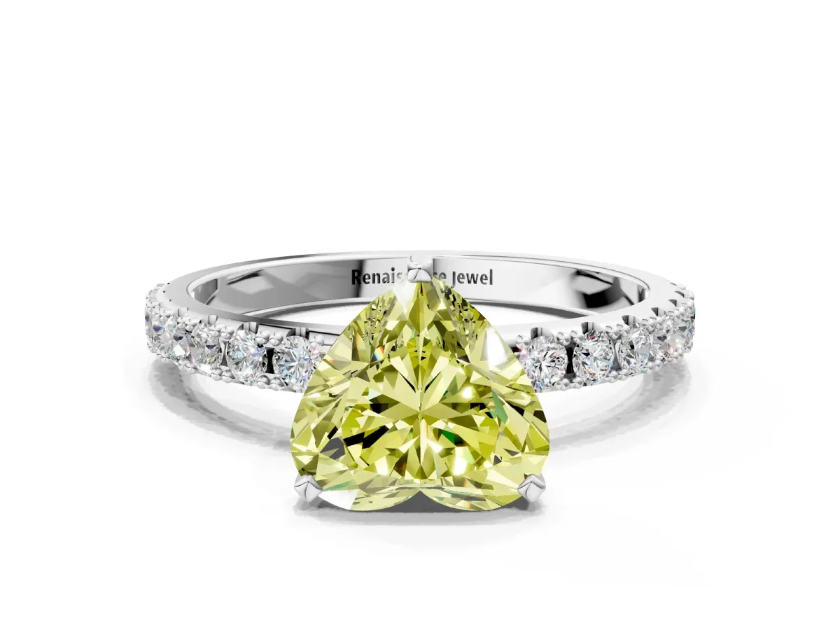 Fancy Yellow Heart Cut Diamond Solitaire Pavé Band with Four-Prong Setting Platinum