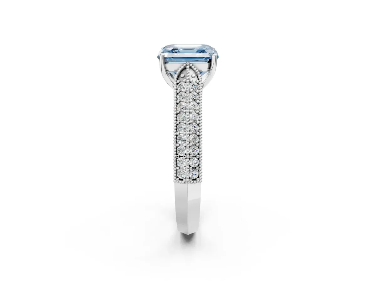 Fancy Blue Asscher Cut Cut Pave Split Shank Engagement Ring with Four-Prong Setting Platinum
