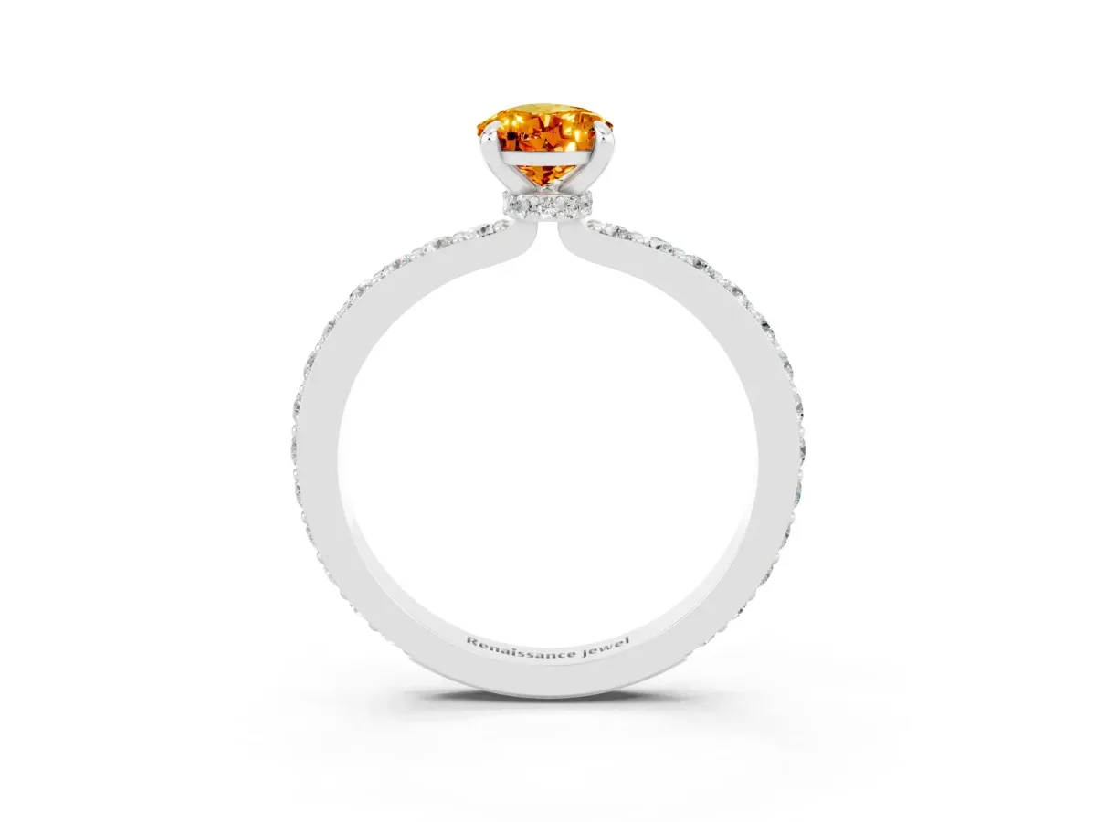 Pear Cut Citrine Solitaire Engagement Ring with Pavé Band and Four-Prong Setting Silver