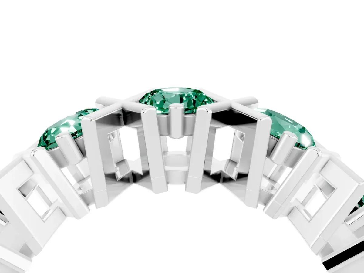 Round Green Sapphire Channel Set Band with X-Prong Detail White gold