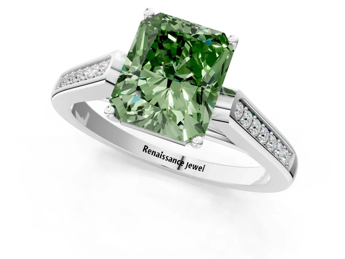 Fancy Green Radiant Cut Solitaire Cathedral Diamond Engagement Ring with Channel-Set Band and Four-Prong Setting Platinum