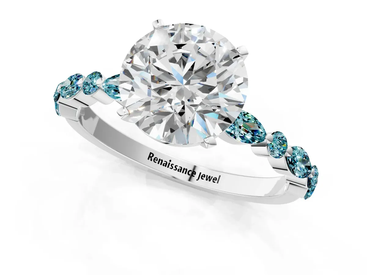 Round Cut Diamond Ring with Marquise and Round Blue Topaz Side Stones and Four-Prong Setting White gold