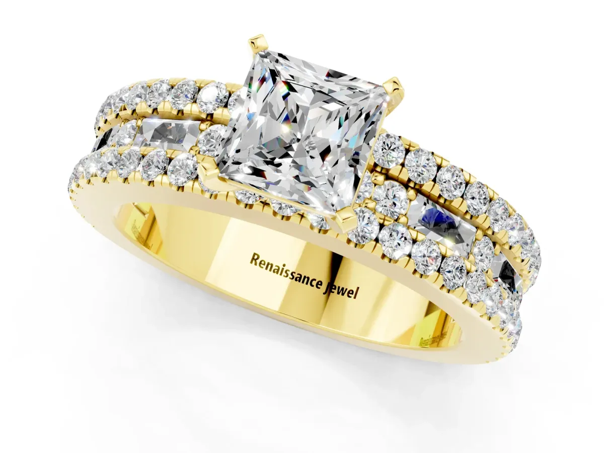 Princess Cut Moissanite Solitaire Ring with Pavé and Channel Set Band Yellow gold