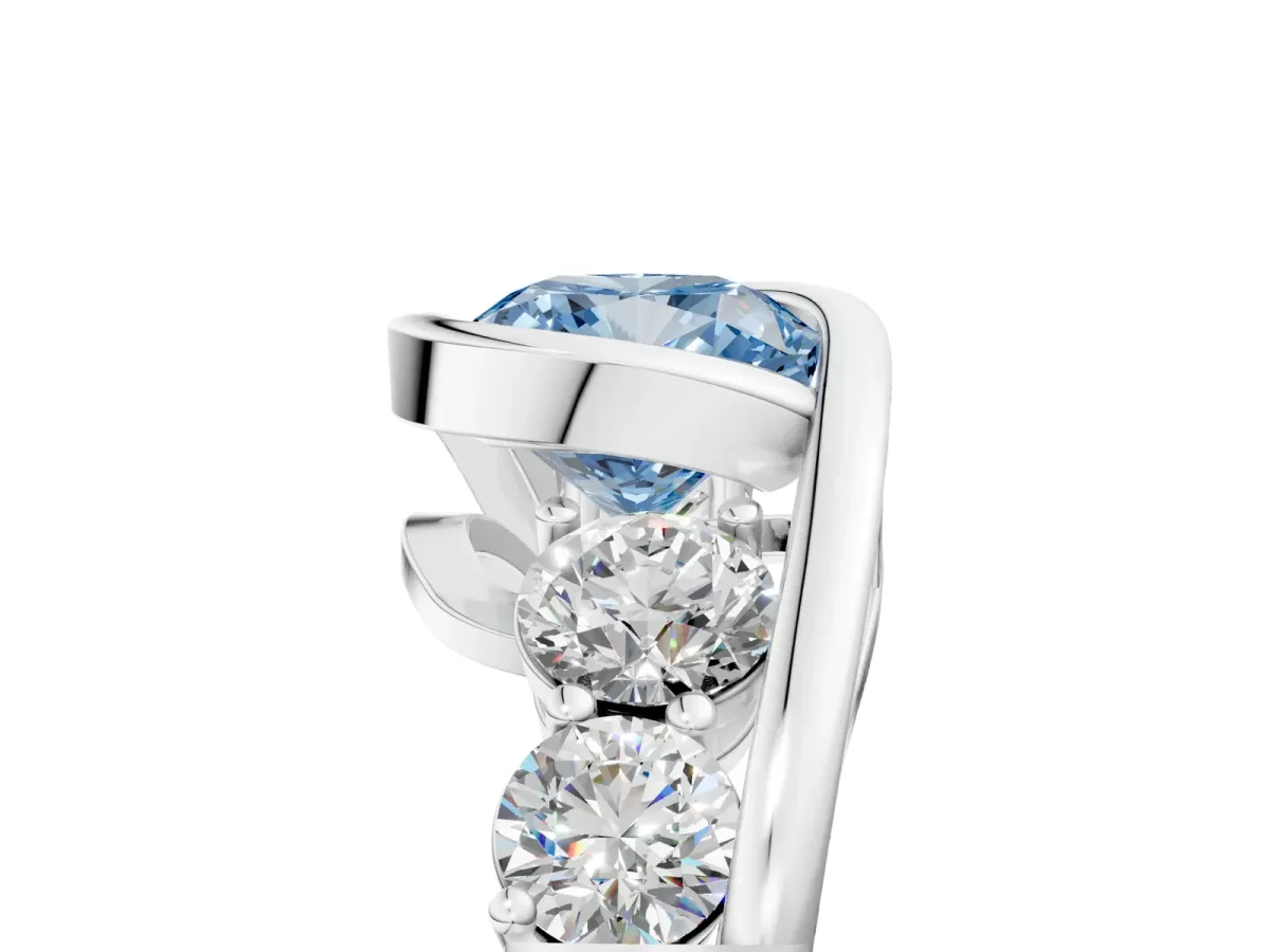 Fancy Blue Bezel Set Cushion Cut Diamond Bypass Ring with Round Accents Silver