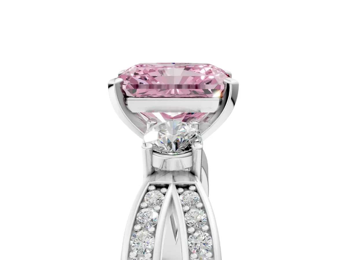 Fancy Pink Three-Stone Radiant Cut Cut Diamond Twist Band with Prong Setting Platinum