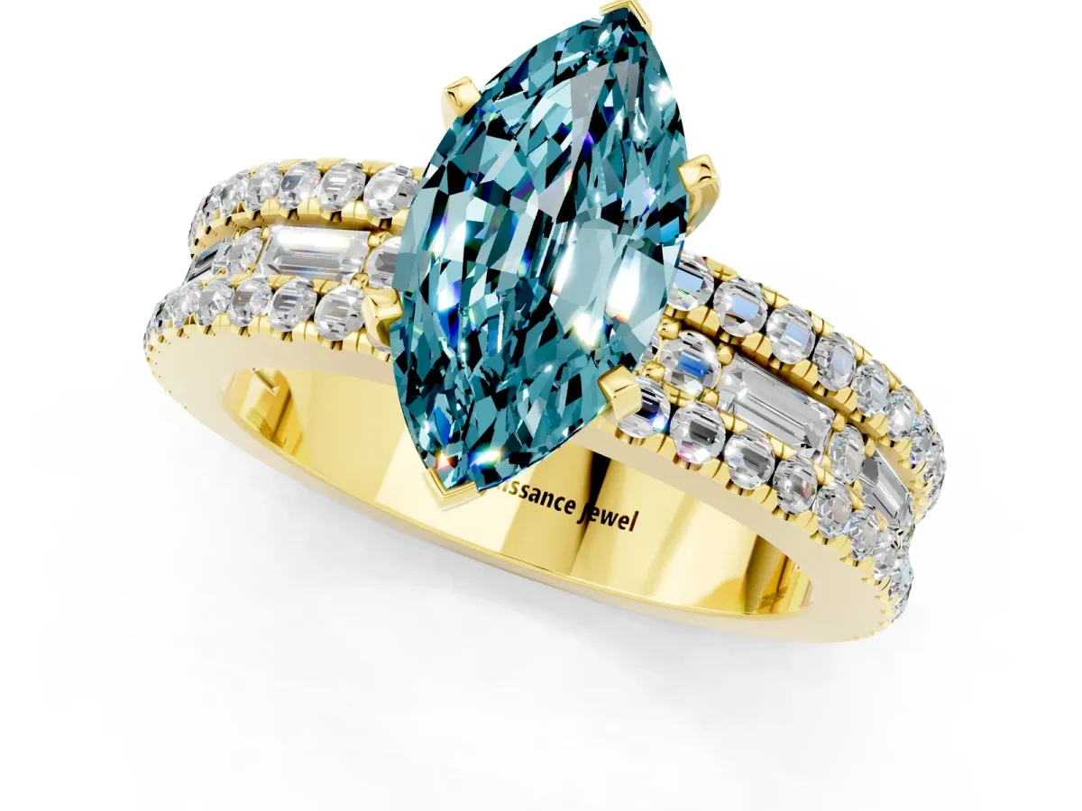 Marquise Cut Blue Topaz Solitaire Ring with Pavé and Channel Set Band Yellow gold