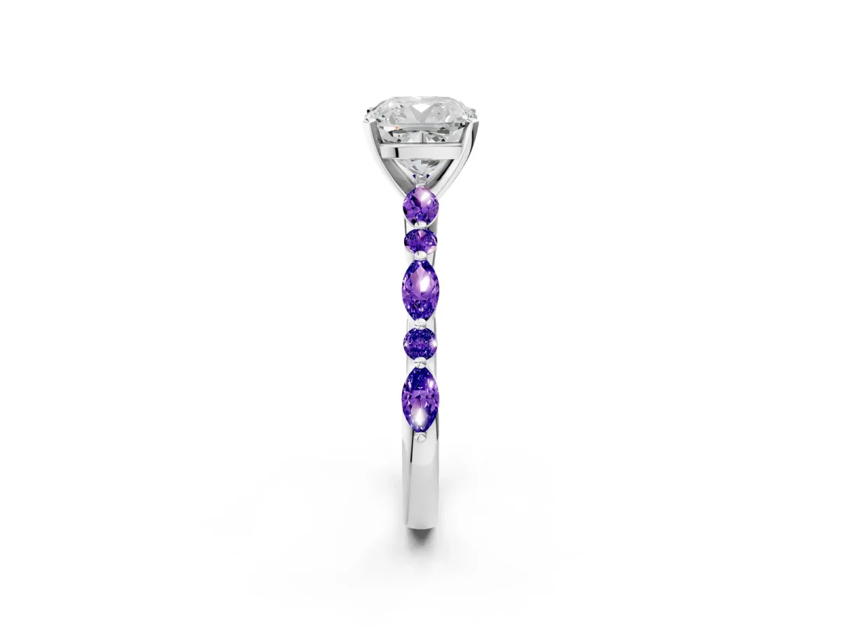 Cushion Cut Diamond Ring with Marquise and Round Tanzanite Side Stones and Four-Prong Setting White gold