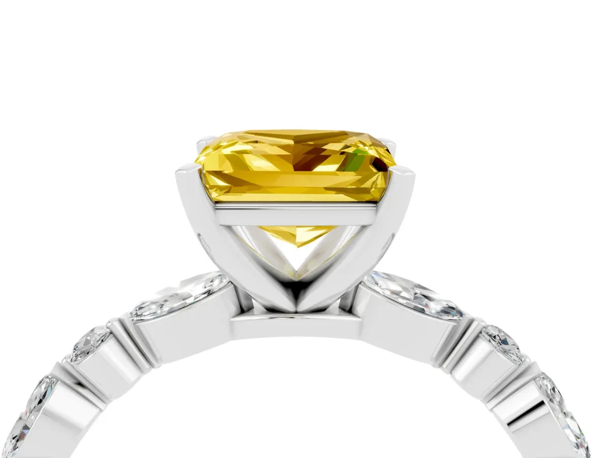Princess Cut Yellow Sapphire Ring with Marquise and Round Side Stones and Four-Prong Setting Platinum