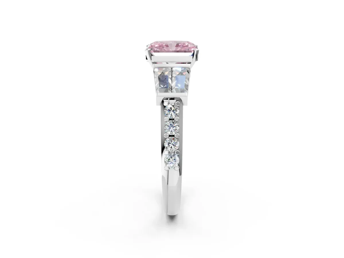 Fancy Pink Radiant Cut Diamond Engagement Ring with Baguette Side Stones and Channel Set Band Platinum