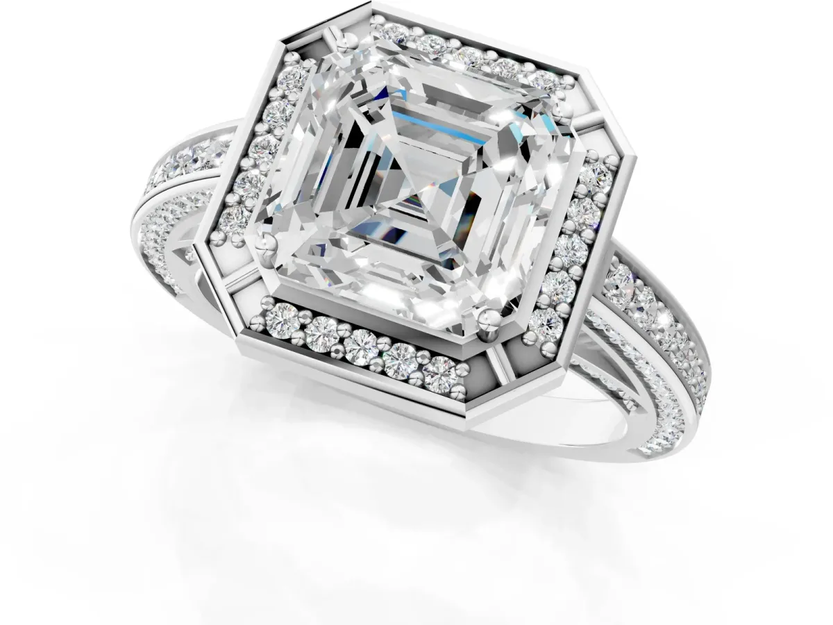 Asscher Cut Cut Halo Pave Split Shank Prong Setting Ring Platinum