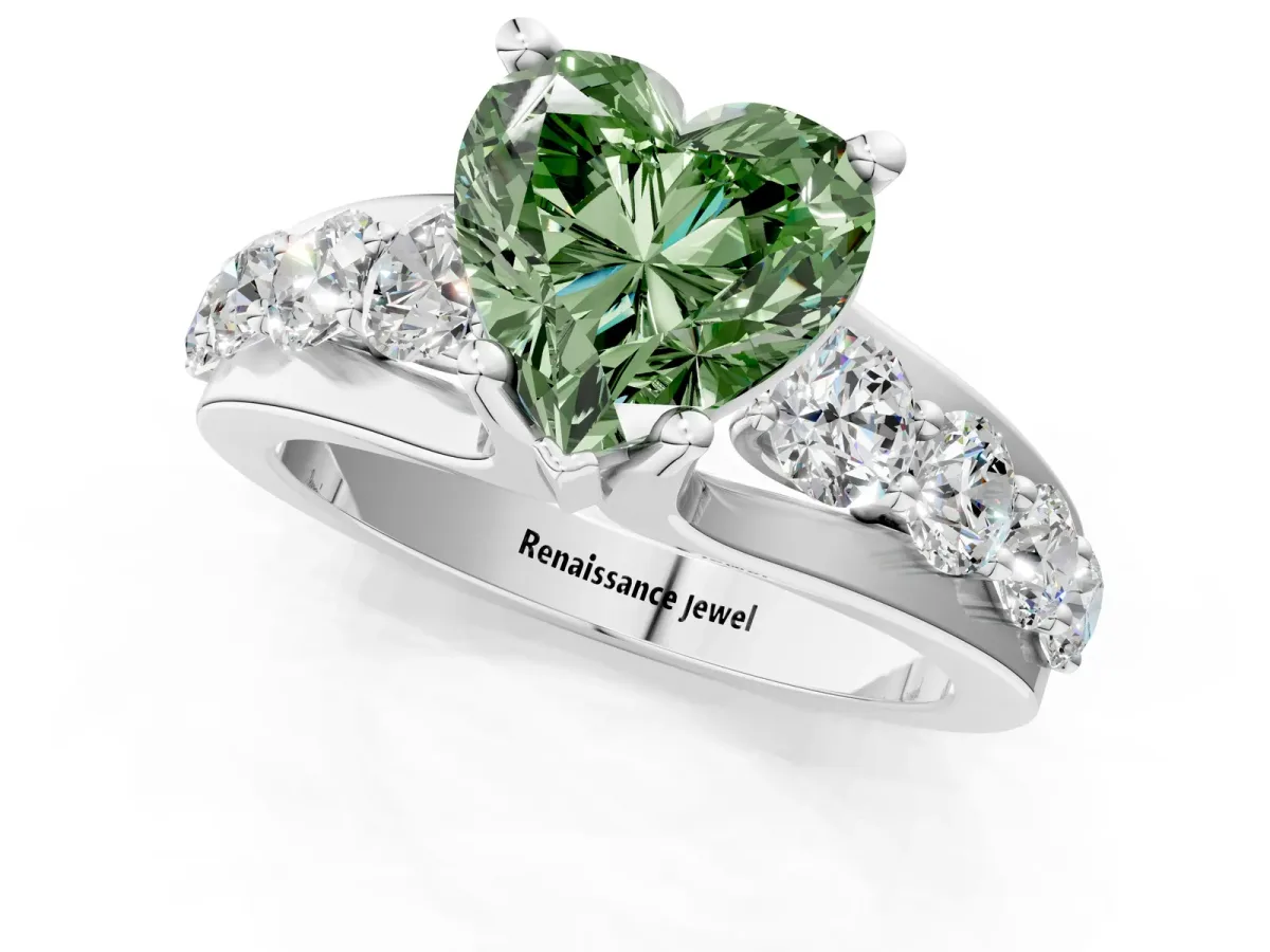 Fancy Green Heart Cut Brilliant Solitaire with Side Stones on a Pave Band and Four-Prong Setting Platinum