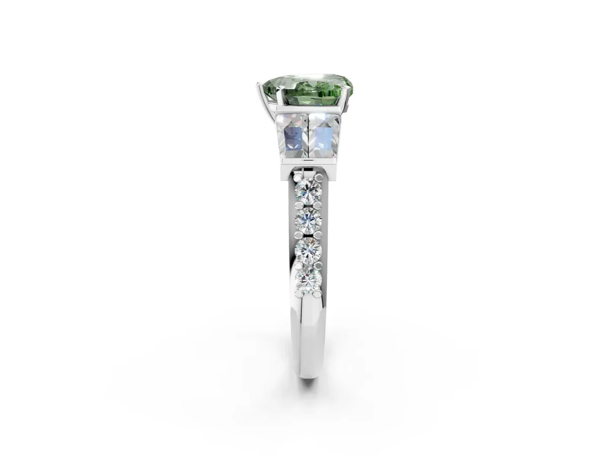 Fancy Green Heart Cut Diamond Engagement Ring with Baguette Side Stones and Channel Set Band Platinum