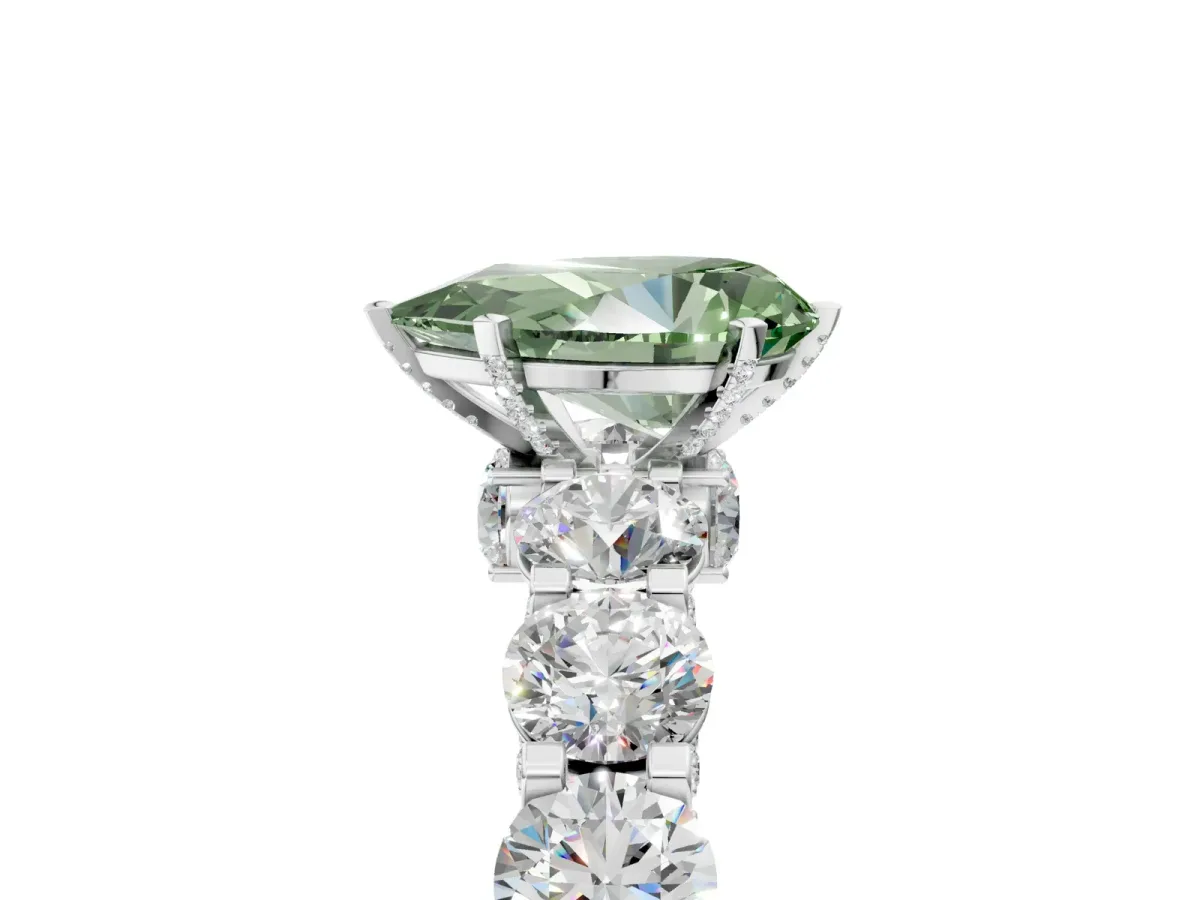 Fancy Green Pear Cut Diamond Side Stone Engagement Ring with Four-Prong Setting White gold