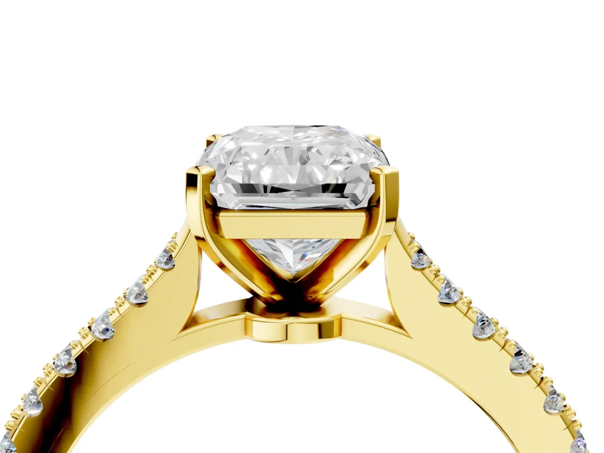 Radiant Cut Cut Solitaire Diamond Engagement Ring with Pave Band and Four-Prong Setting Yellow gold
