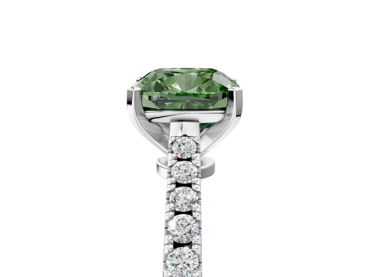 Fancy Green Cushion Cut Cut Solitaire Diamond Engagement Ring with Pave Band and Four-Prong Setting White gold