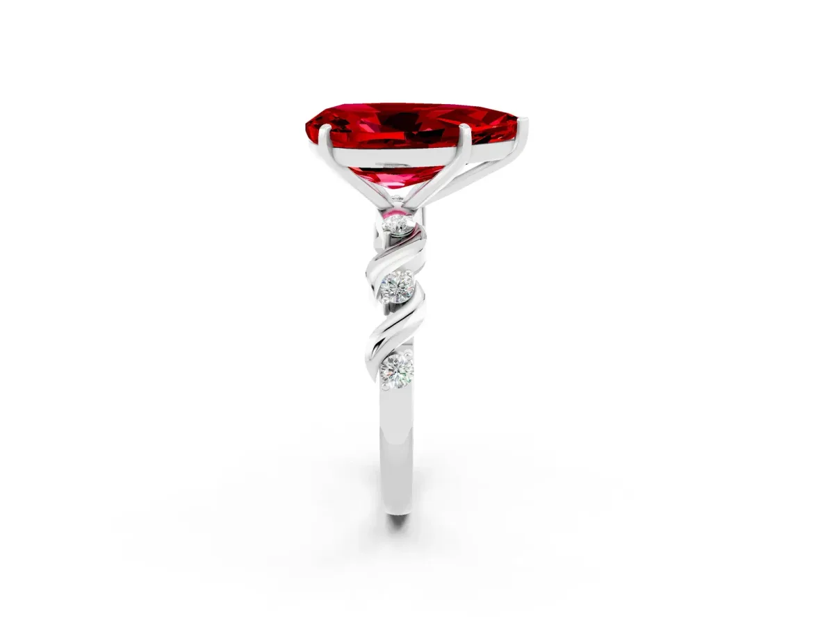 Pear Cut Ruby Solitaire Twisted Band with Round Accents and Prong Setting Silver