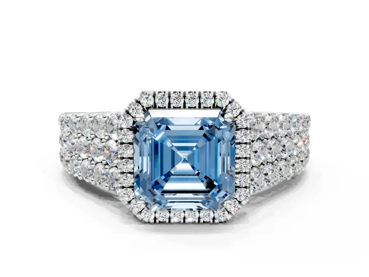 Fancy Blue Asscher Cut Diamond Halo Engagement Ring with Triple Row Round Pavé Band and Prong Setting Platinum