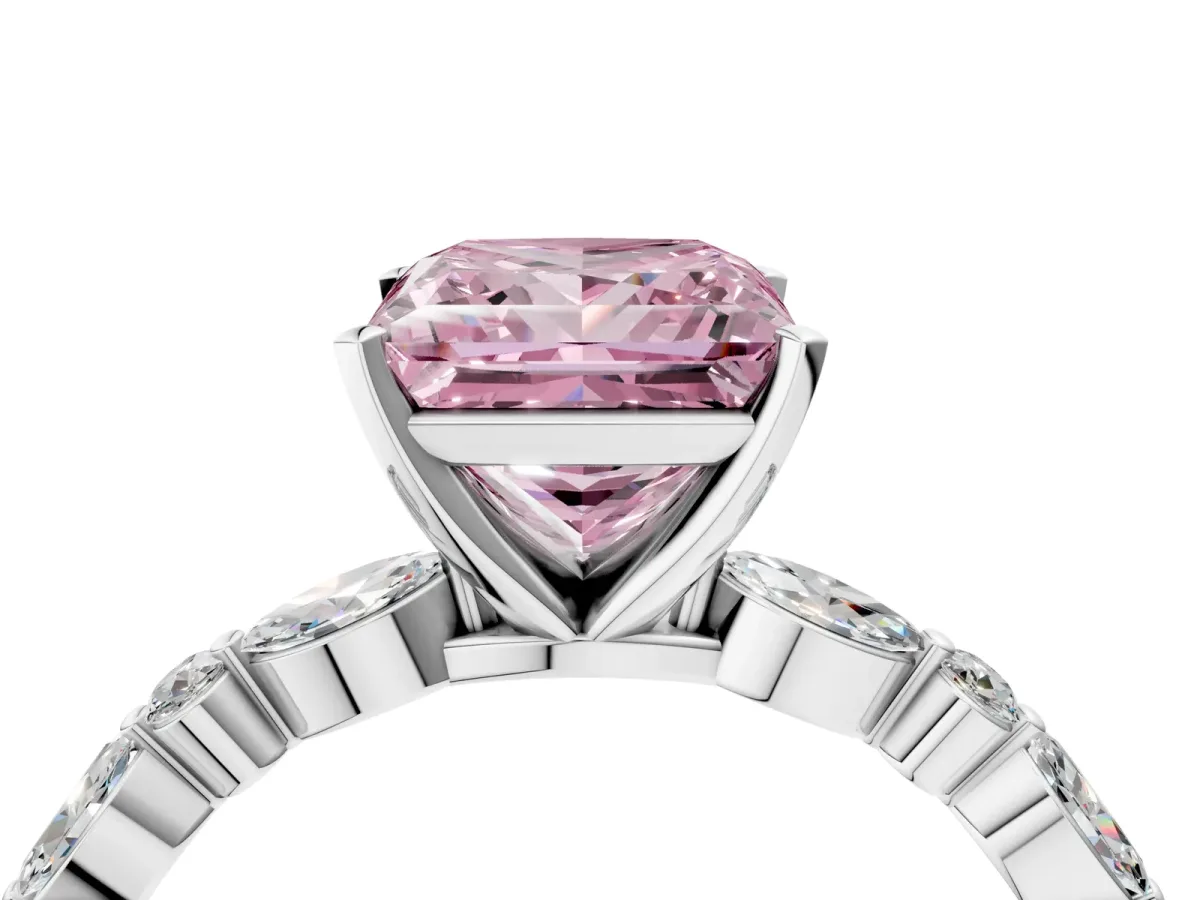 Fancy Pink Princess Cut Diamond Ring with Marquise and Round Side Stones and Four-Prong Setting White gold
