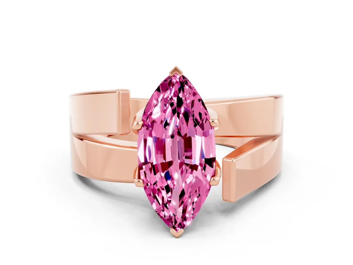 Modern Tension Set Marquise Cut Pink Sapphire Solitaire Wide Band Ring Rose gold