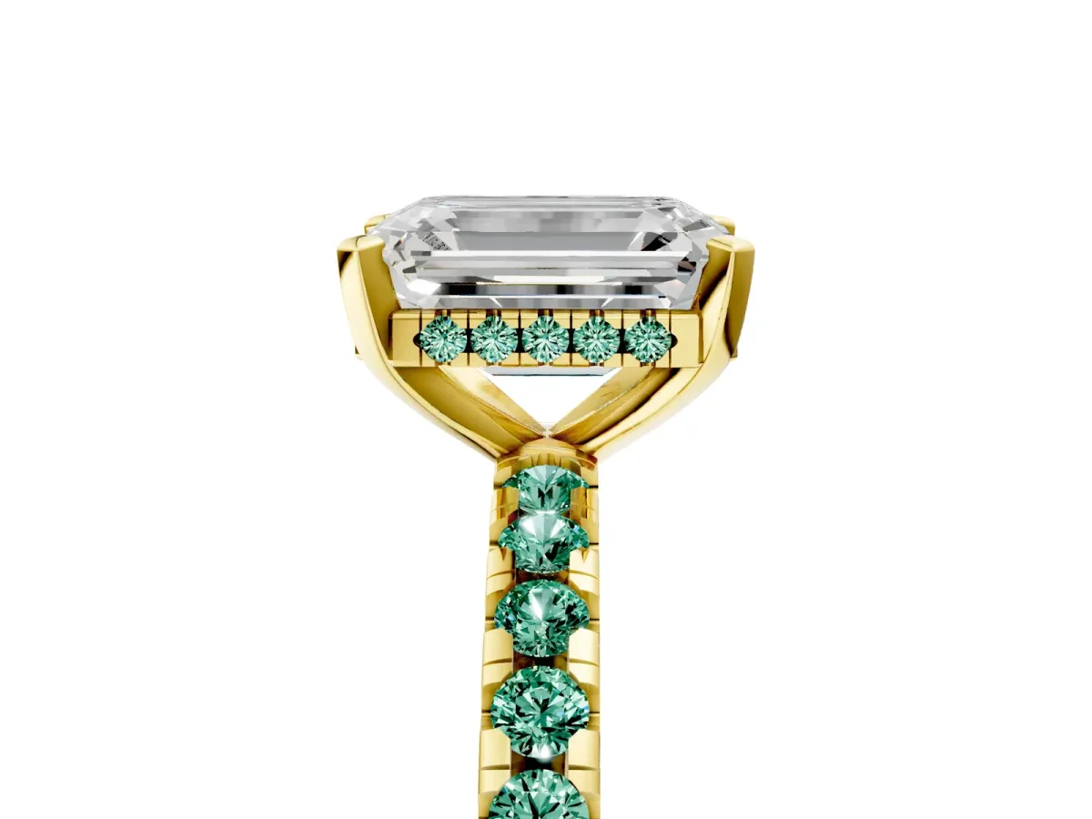 Emerald Cut Diamond Solitaire Ring with Round Green Sapphire Pavé Band and Four-Prong Setting Yellow gold