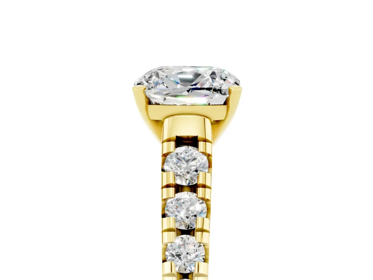 Cushion Cut Moissanite Cathedral Solitaire Ring with Round Pavé Band Yellow gold