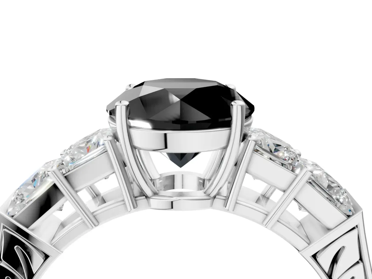 Fancy Black Round Cut Solitaire Princess Side Stone Engraved Band Prong Setting Ring Silver