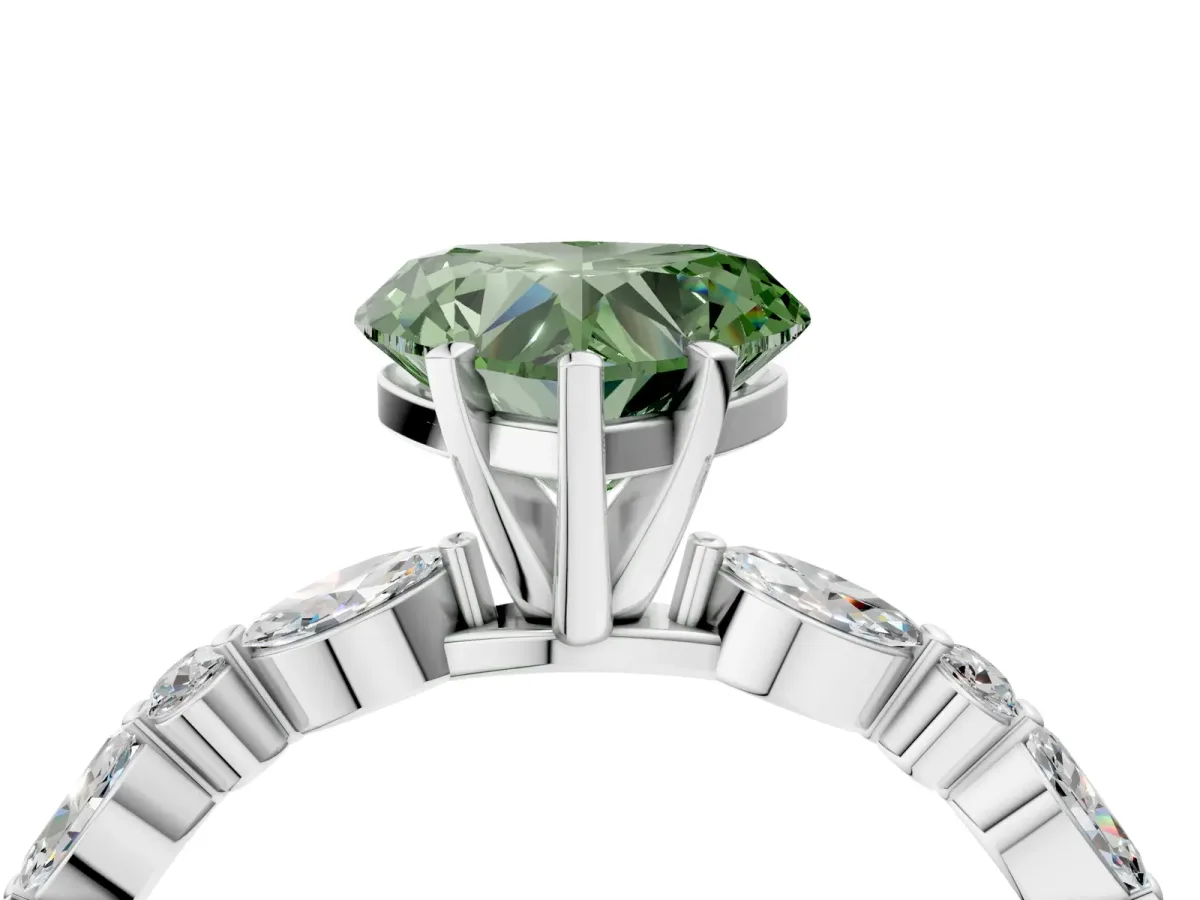 Fancy Green Heart Cut Diamond Ring with Marquise and Round Side Stones and Four-Prong Setting White gold