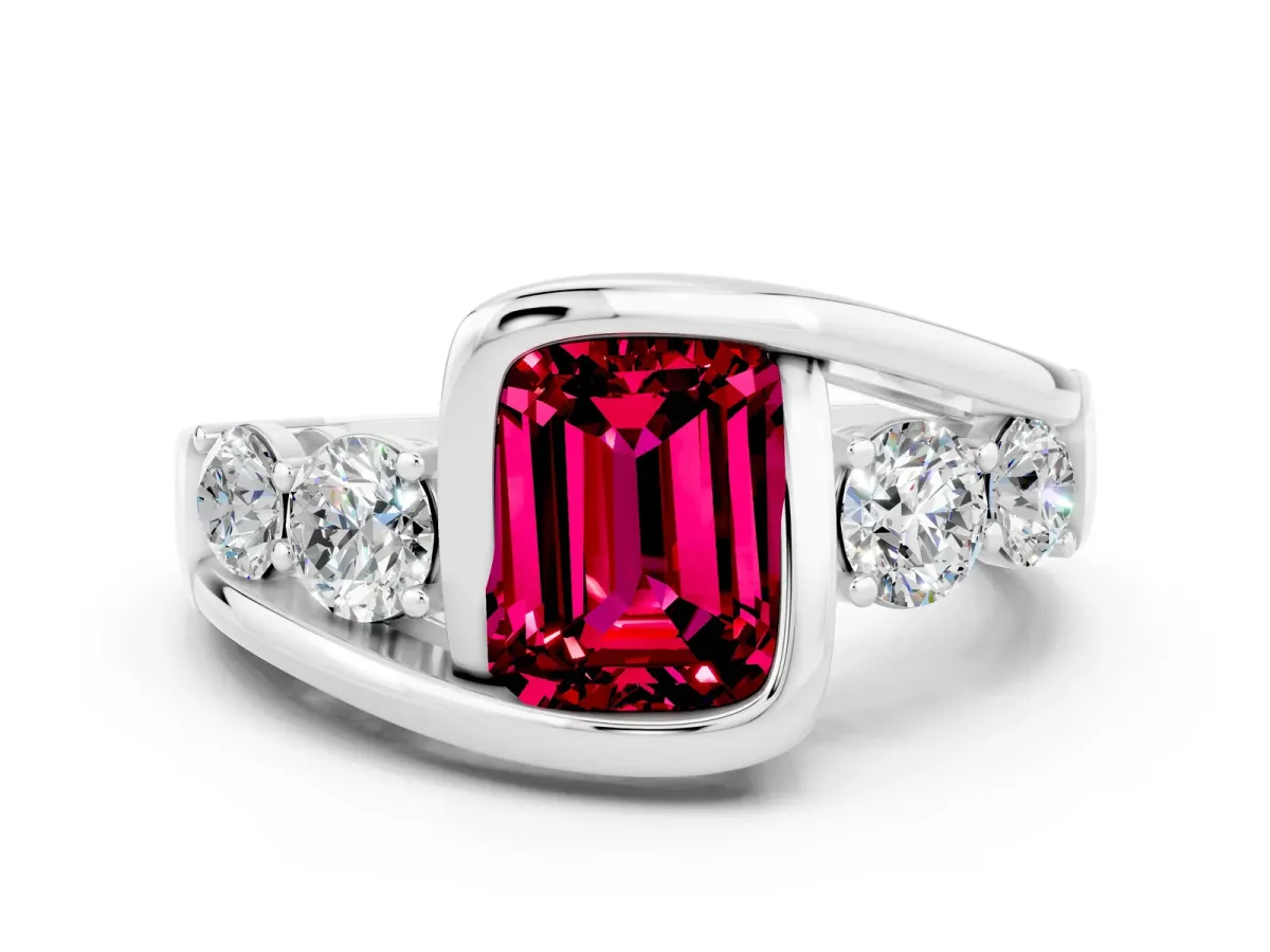 Bezel Set Emerald Cut Garnet Bypass Ring with Round Accents Platinum