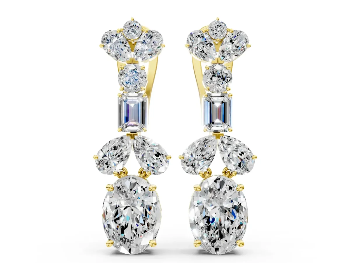 Pear, Baguette and Oval Diamond Monaco Drop Earrings Yellow gold