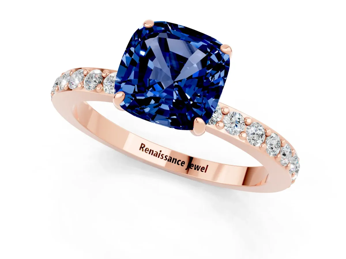 Cushion Cut Blue Sapphire Solitaire Engagement Ring with Pavé Band and Four-Prong Setting Rose gold