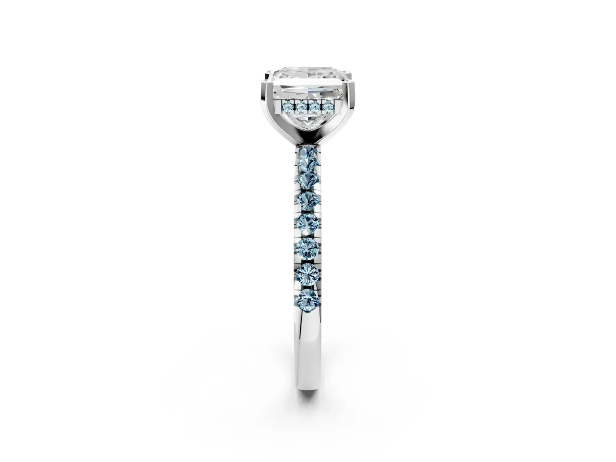 Princess Cut Diamond Solitaire Ring with Round Aquamarine Pavé Band and Four-Prong Setting Platinum