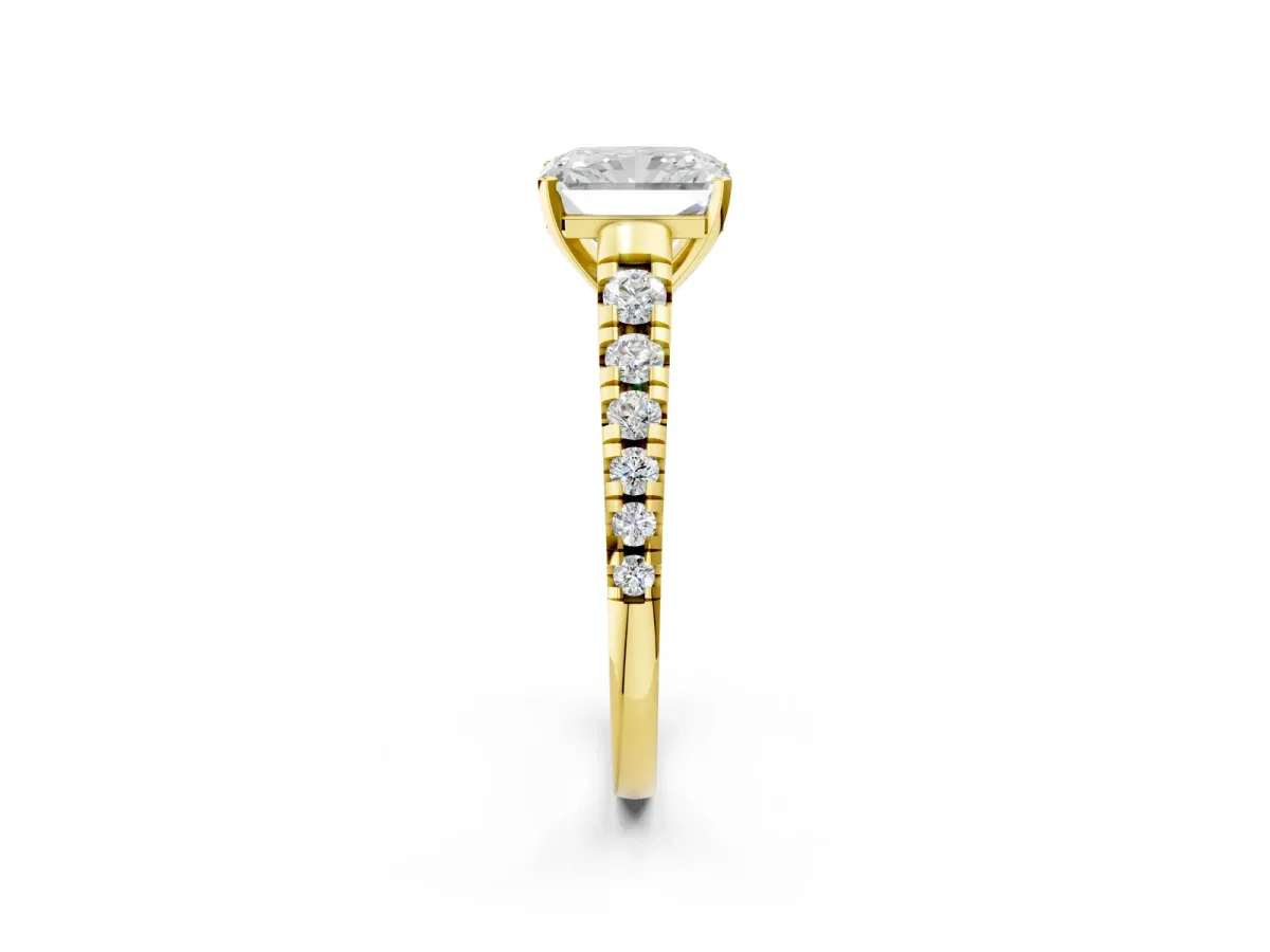 Radiant Cut Diamond Cathedral Solitaire Ring with Round Moissanite Pavé Band Yellow gold
