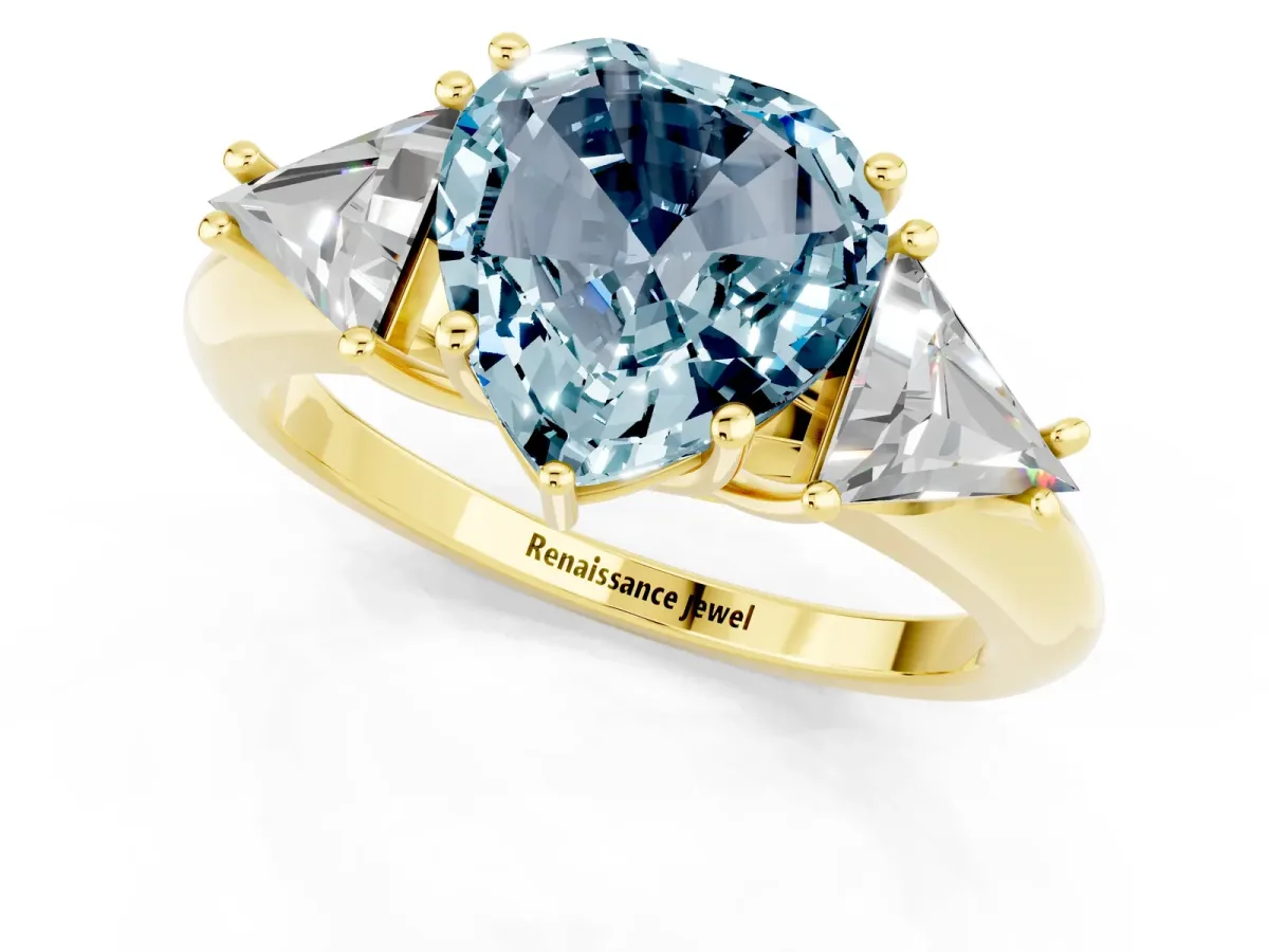 Three-Stone Heart Cut Aquamarine Engagement Ring with Trillion Side Stones and Prong Setting Yellow gold