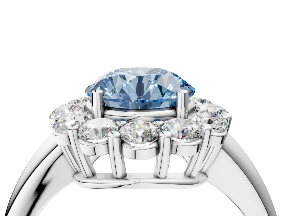Fancy Blue Round Cut Halo Cluster Diamond Engagement Ring with Prong Setting and Polished Band White gold