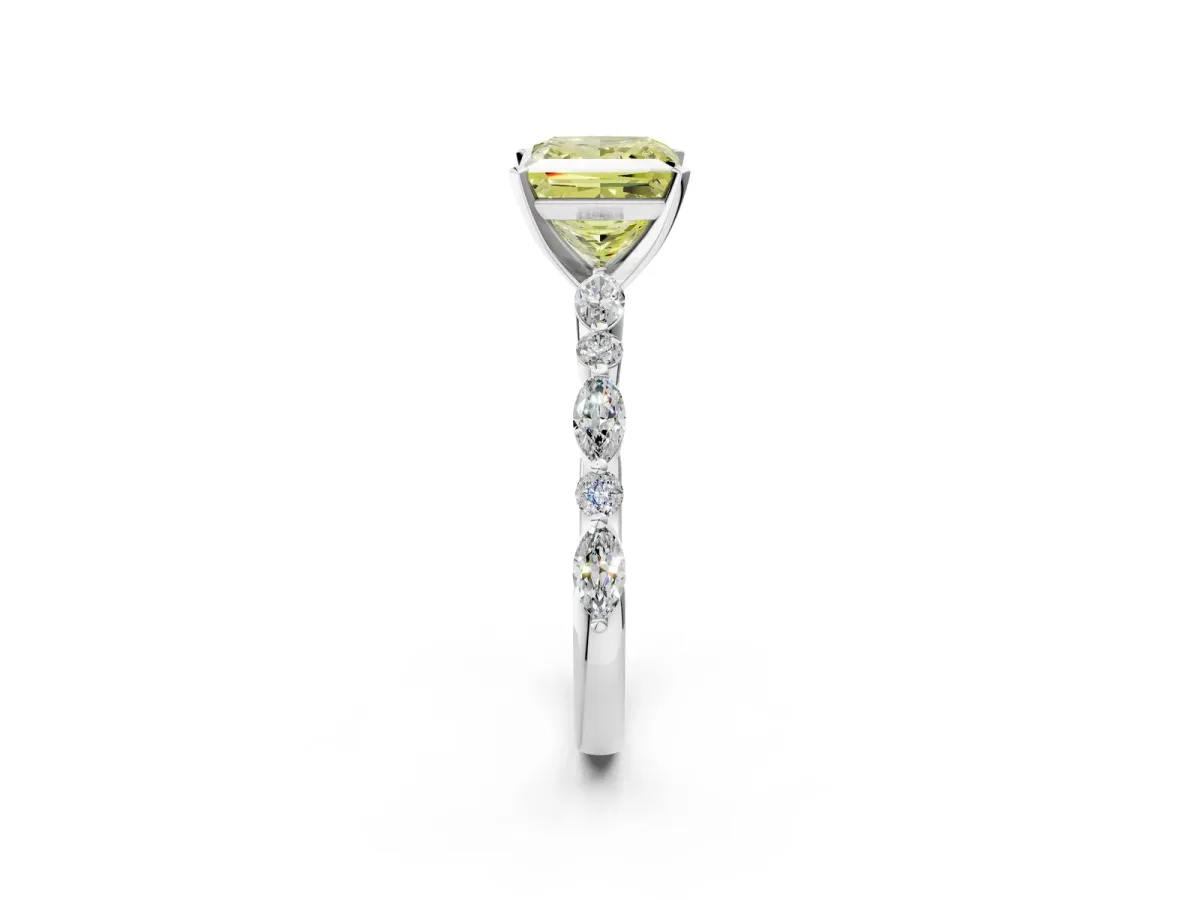 Fancy Yellow Princess Cut Diamond Ring with Marquise and Round Side Stones and Four-Prong Setting White gold