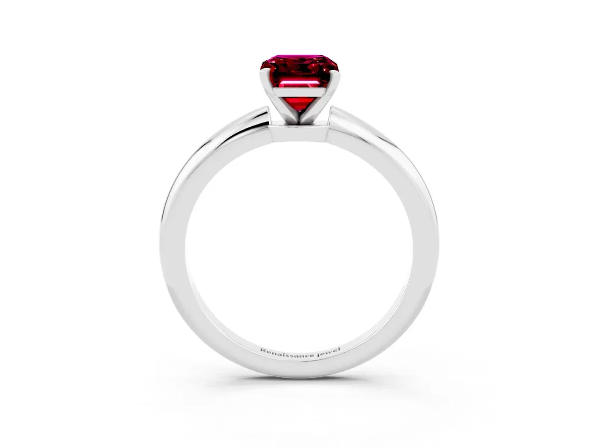 Emerald Cut Garnet Solitaire Ring with Six-Prong Setting and Classic Band Silver